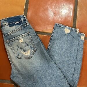 MOTHER Light Blue Distressed Straight Leg Jeans